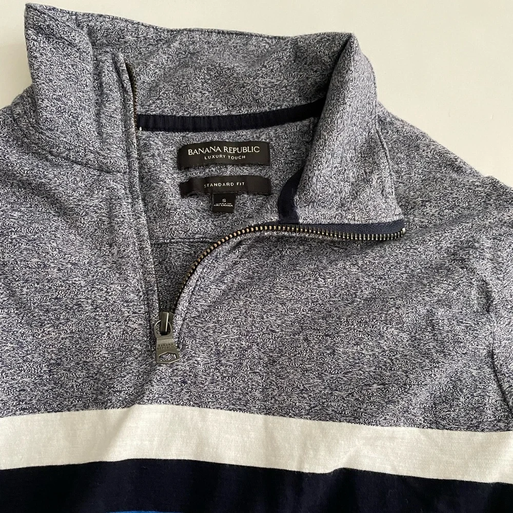 Banana Republic Men's 1/4 Zip Pullover Sweater Size S Navy Blue Stripe Casual
